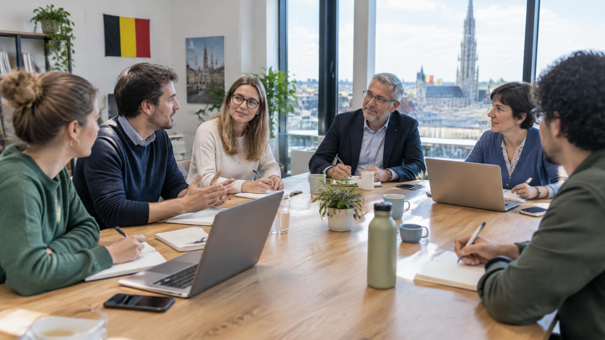 Diverse team of colleagues discussing around a table in a bright office