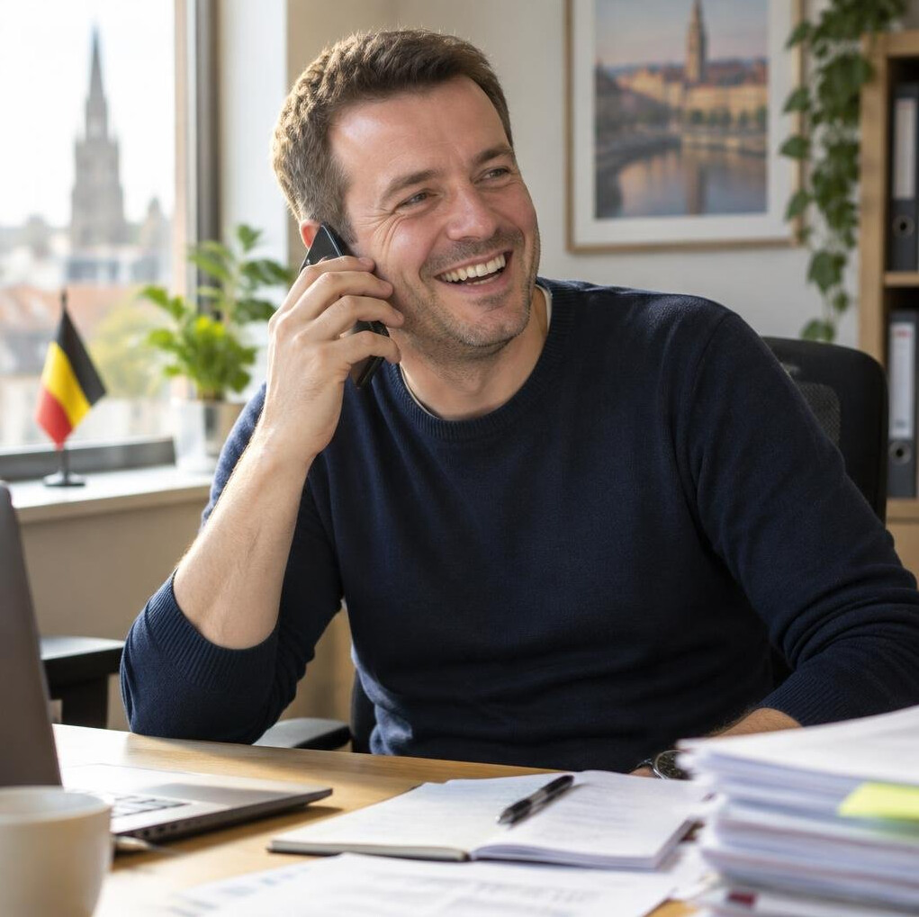 Man laughing while on a phone call at the office